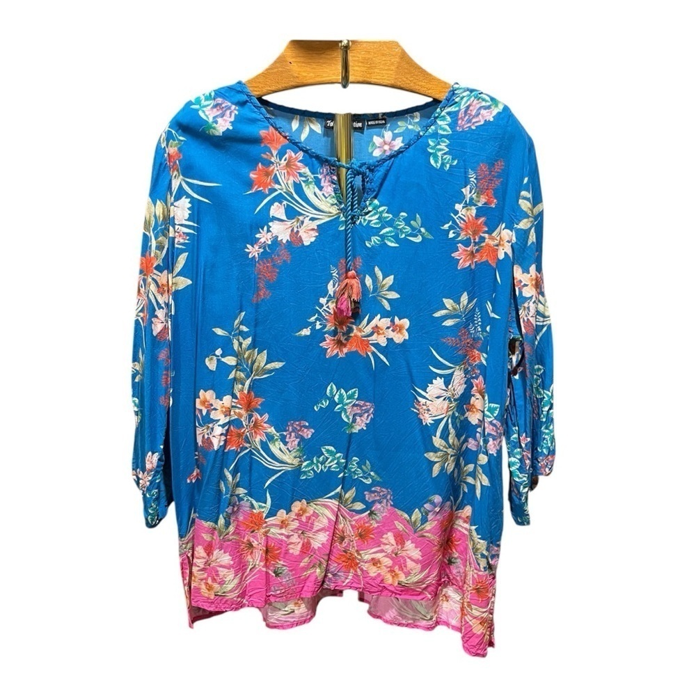 Tolani Floral Blue and Pink Women's Modal Top with Tassels XL